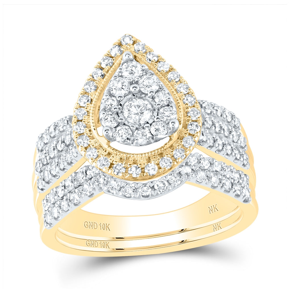 10K Yellow Or White Gold Round Diamond Pear-shape Bridal Wedding Ring Band Set 1 Cttw, Womens Size: 5-10