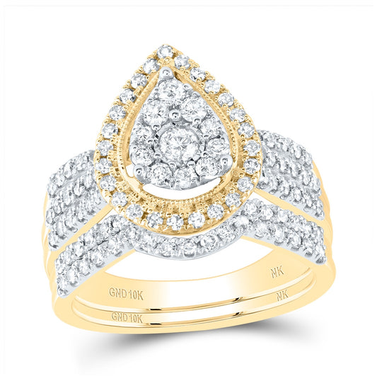 10K Yellow Or White Gold Round Diamond Pear-shape Bridal Wedding Ring Band Set 1 Cttw, Womens Size: 5-10