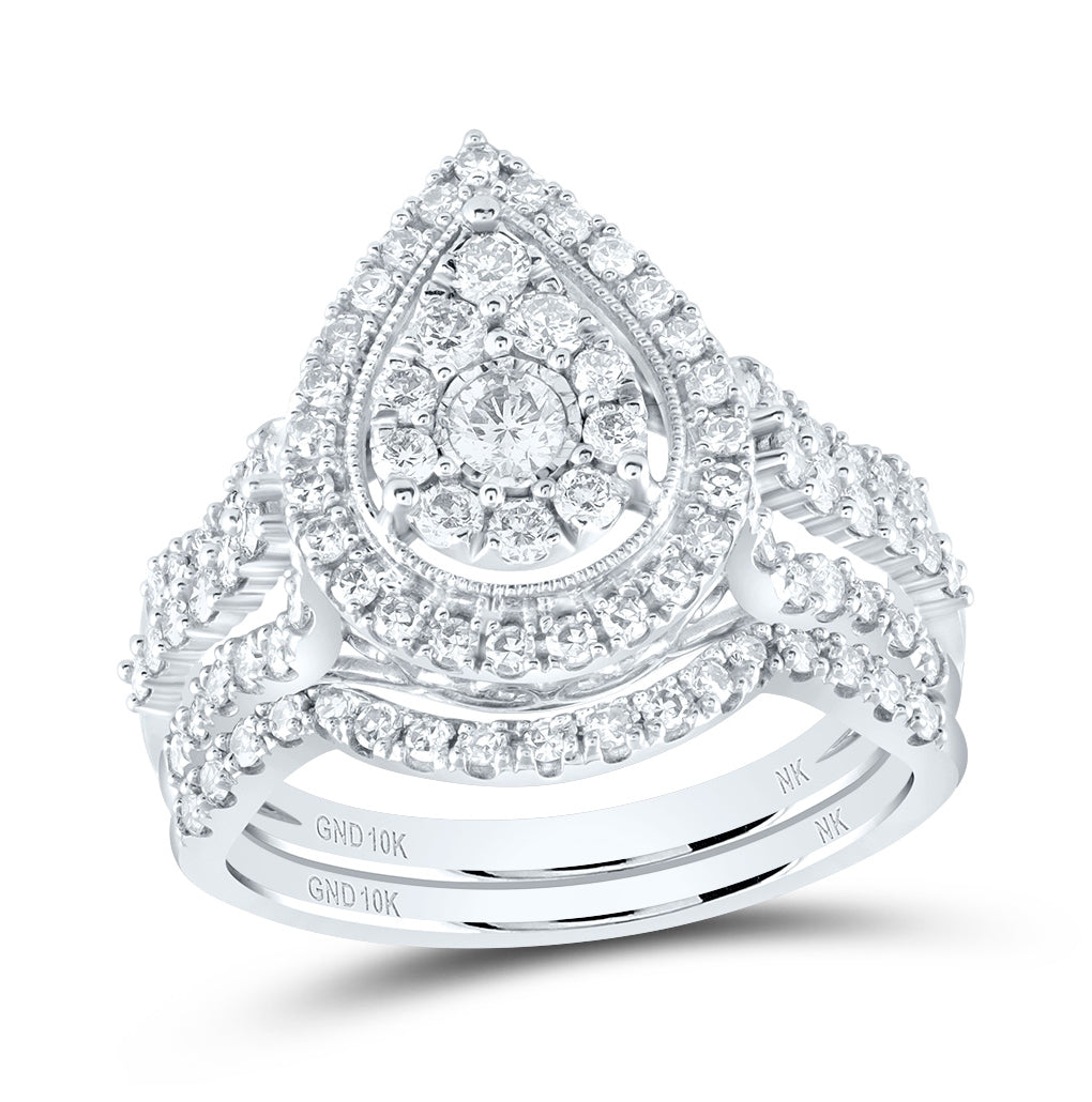 10kt White Gold Round Diamond Teardrop Bridal Wedding Ring Band Set 1ctw, Womens Size: 5-10