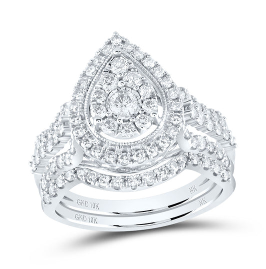 10kt White Gold Round Diamond Teardrop Bridal Wedding Ring Band Set 1ctw, Womens Size: 5-10