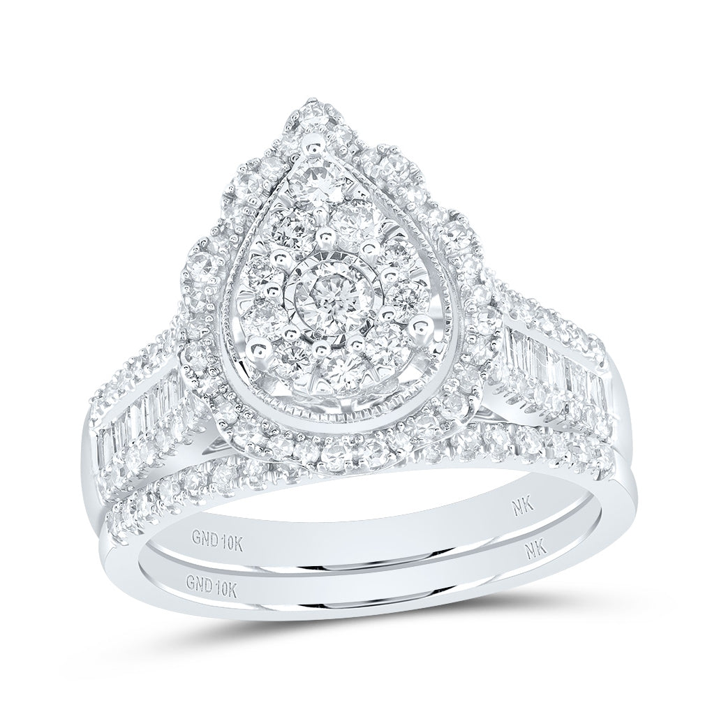 10kt White Gold Round Diamond Teardrop Bridal Wedding Ring Band Set 1 Cttw, Womens Size: 5-10