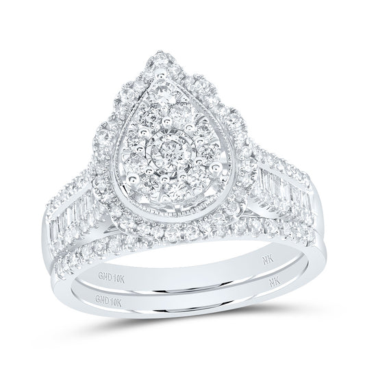 10kt White Gold Round Diamond Teardrop Bridal Wedding Ring Band Set 1 Cttw, Womens Size: 5-10