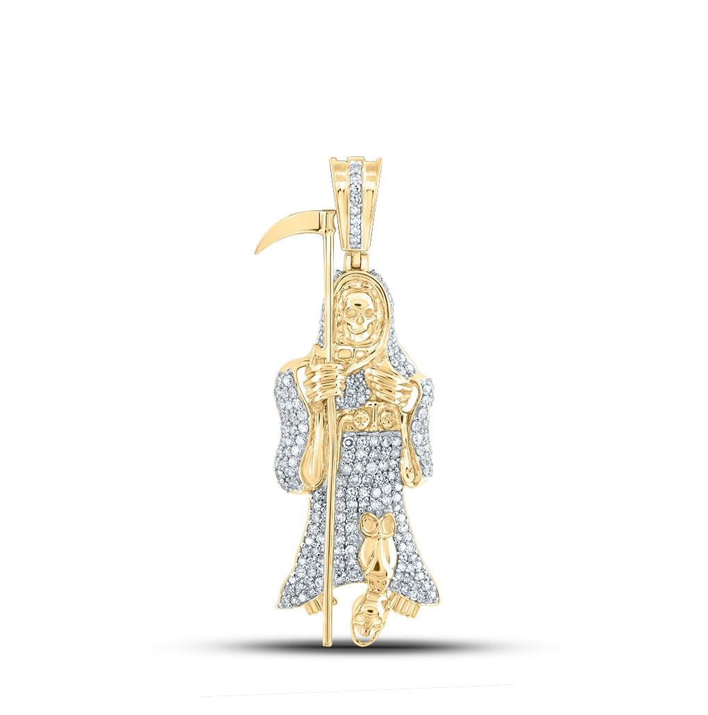 10K Yellow Gold Mens Round Diamond Grim Reaper Charm Pendant 3/4 Cttw, Length: 1.61 In, Width: 0.54 In