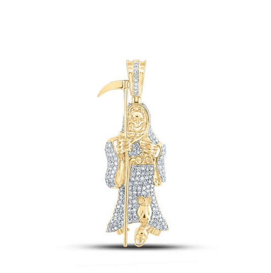 10K Yellow Gold Mens Round Diamond Grim Reaper Charm Pendant 3/4 Cttw, Length: 1.61 In, Width: 0.54 In