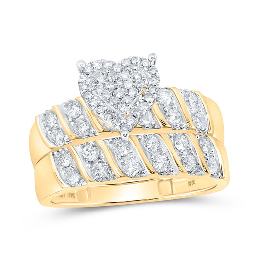 10K White Or Yellow Gold His Hers Round Diamond Heart Matching Wedding Set , Womens Size: 5-10, Mens Size: 7-13