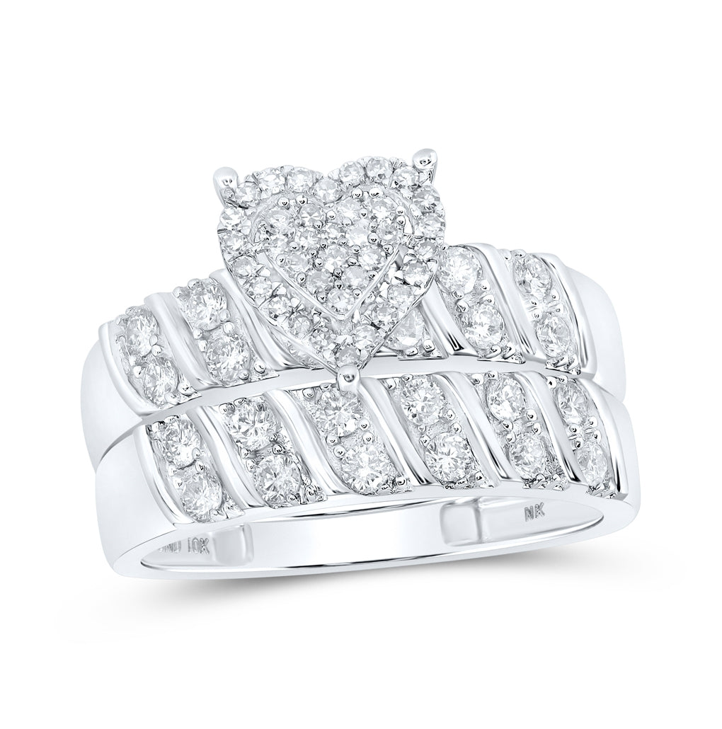 10K White Or Yellow Gold His Hers Round Diamond Heart Matching Wedding Set , Womens Size: 5-10, Mens Size: 7-13