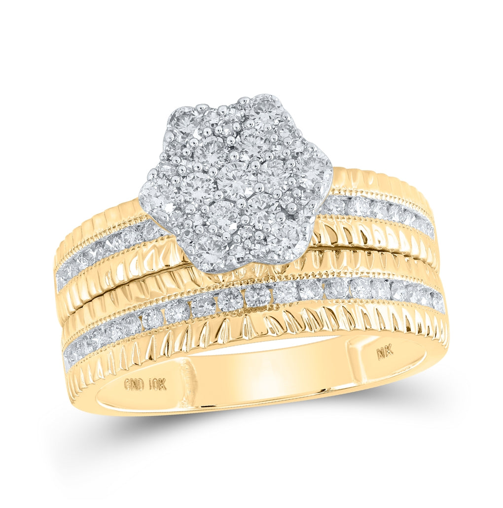 10K Yellow Gold His Hers Round Dia. Cluster Matching Wedding Set 1ctw, Women's Sz: 5-10, Men's Sz: 7-13