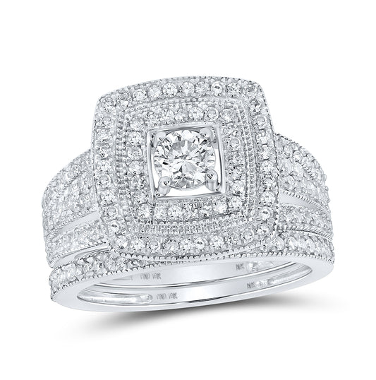 10K White Gold Round Diamond Halo Bridal Wedding Ring Band Set 1 Cttw, Womens Size: 5-10