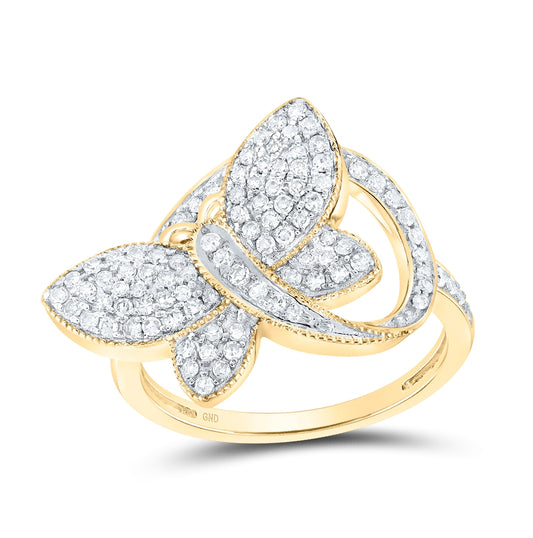 10K Yellow Gold Womens Round Diamond Butterfly Ring 1/2 Cttw, Womens Size: 5-10