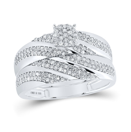 Sterling Silver His Hers Round Diamond Cluster Matching Wedding Set 7/8 Cttw, Womens Size: 5-10, Mens Size: 7-13