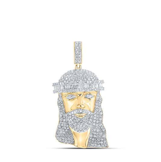 10K Yellow Gold Mens Round Diamond Jesus Face Charm Pendant 2 Cttw, Length: 1.05 In, Width: 0.78 In