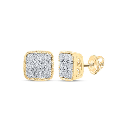 10K Yellow Gold Womens Round Diamond Square Earrings 1/5 Cttw, Length: 0.29 In, Width: 0.29 In