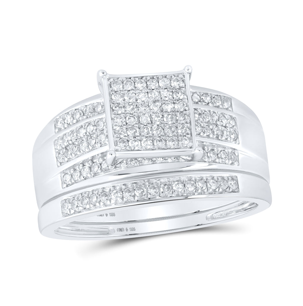 Sterling Silver Round Diamond Square Bridal Wedding Ring Band Set 3/8 Cttw, Womens Size: 5-10