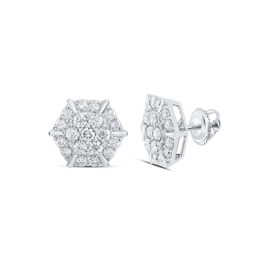 10K White Gold Womens Round Diamond Hexagon Cluster Earrings 1 Cttw