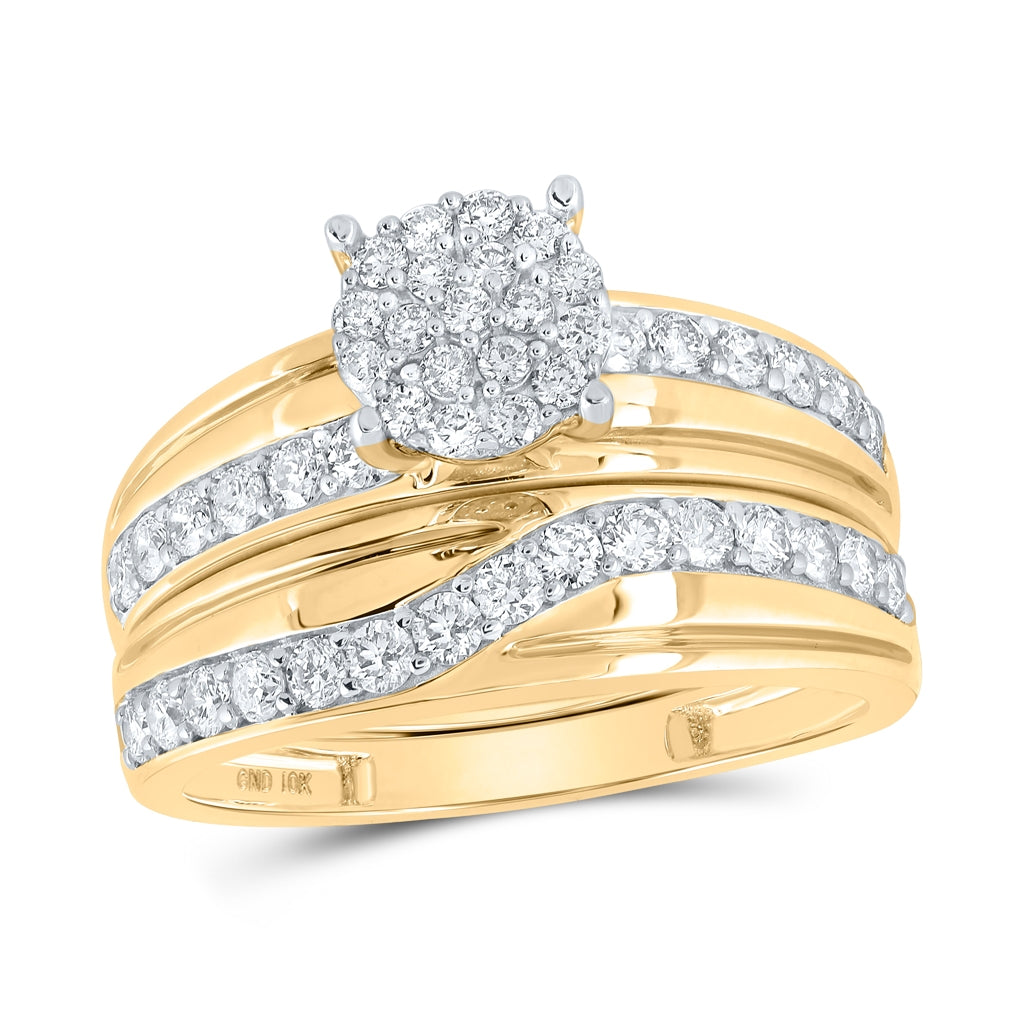 10K Yellow Gold His Hers Round Diamond Cluster Matching Wedding Set 1-1/4ctw, Womens Size: 5-10, Mens Size: 7-13
