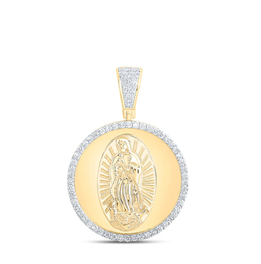 10K Yellow Gold Mens Round Diamond Guadalupe Mary Charm Pendant 1 Cttw, Length: 1.57 In, Width: 1.14 In