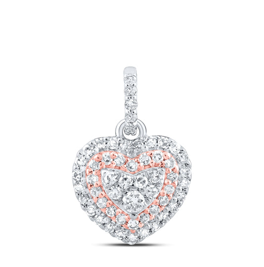 10K Two-tone Gold Womens Round Diamond Heart Pendant 1/4 Cttw, Length: 0.56 In, Width: 0.39 In