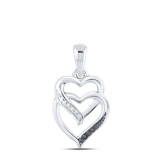 Sterling Silver Womens Round Diamond Double Heart Pendant 1/20ctw, Length: 0.65 Inch Width: 0.39 Inch