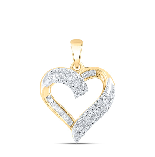 10K Yellow Gold Womens Baguette Diamond Heart Pendant 1/4 Cttw, Length: 0.81 In, Width: 0.58 In