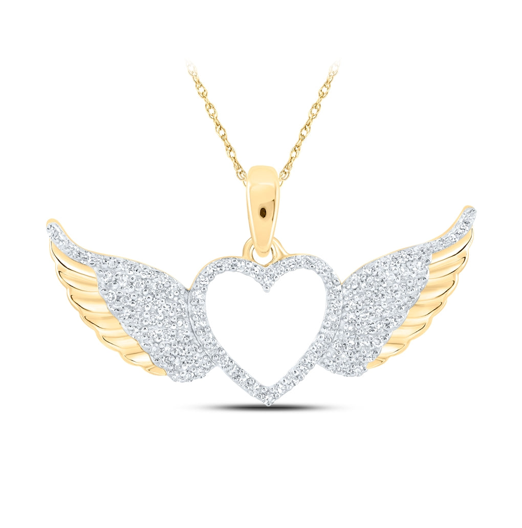 10K Yellow Gold Womens Round Diamond Wing Heart Pendant 1/4 Cttw, Length: 0.57 In, Width: 1.06 In
