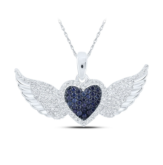10K White Gold Womens Round Blue Sapphire Diamond Wing Heart Pendant 3/8 Cttw, Length: 0.43 In, Width: 1.06 In