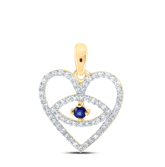 10K White Or Yellow Gold Womens Round Blue Sapphire Diamond Eye Heart Pendant