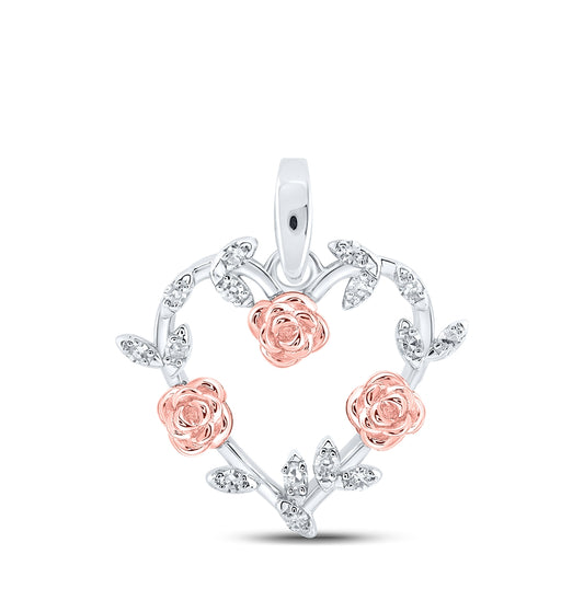 Sterling Silver Womens Round Diamond Rose Heart Pendant 1/12ctw, Length: 0.66 Inch Width: 0.48 Inch