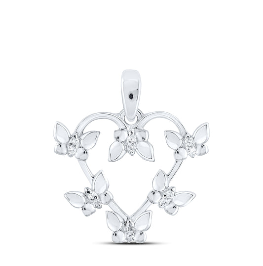 Sterling Silver Womens Round Diamond Butterfly Heart Pendant 1/20ctw, Length: 0.69 Inch Width: 0.67 Inch