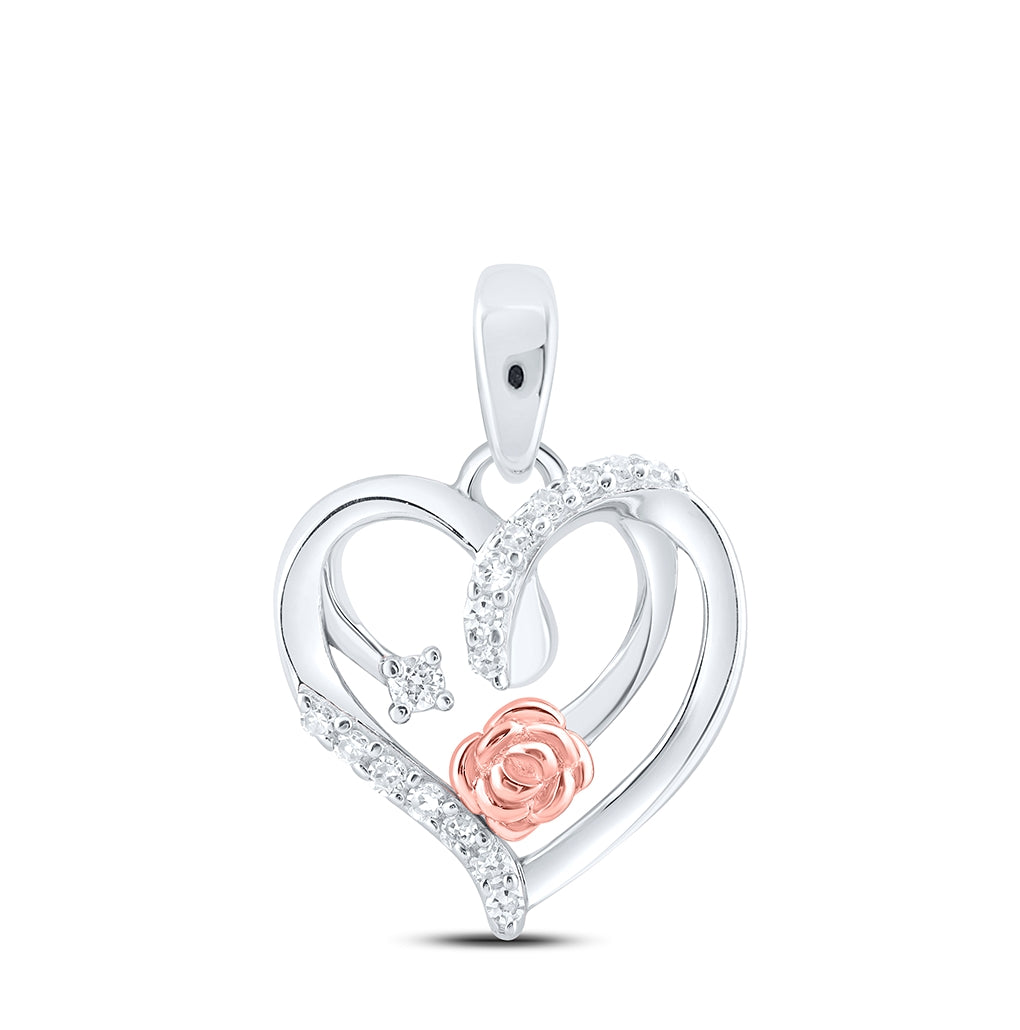 Sterling Silver Womens Round Diamond Rose Heart Pendant 1/12ctw, Length: 0.68 Inch Width: 0.46 Inch