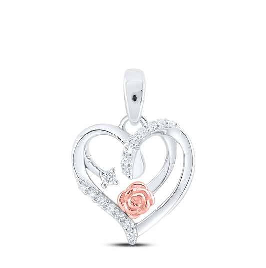 Sterling Silver Womens Round Diamond Rose Heart Pendant 1/12ctw, Length: 0.68 Inch Width: 0.46 Inch