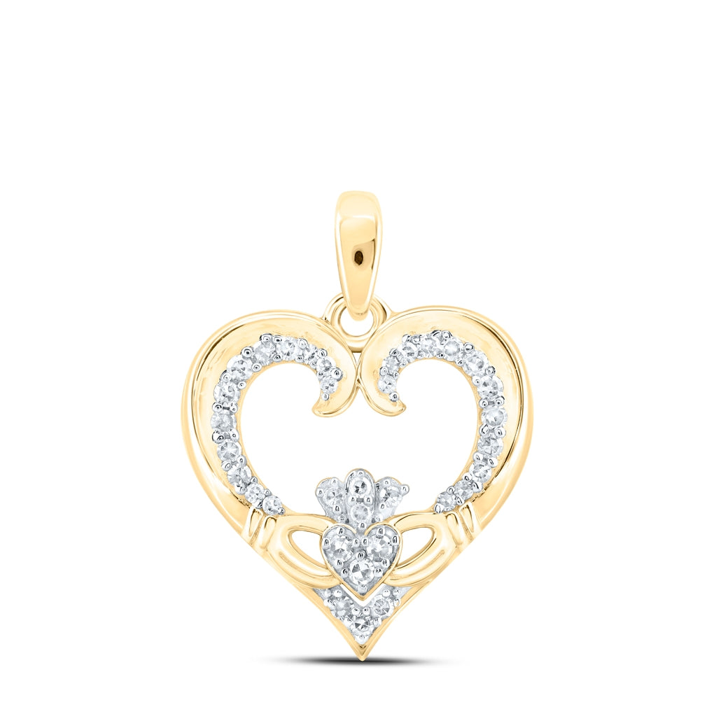 10K Yellow Or White Or Rose Gold Womens Round Diamond Claddagh Heart Pendant