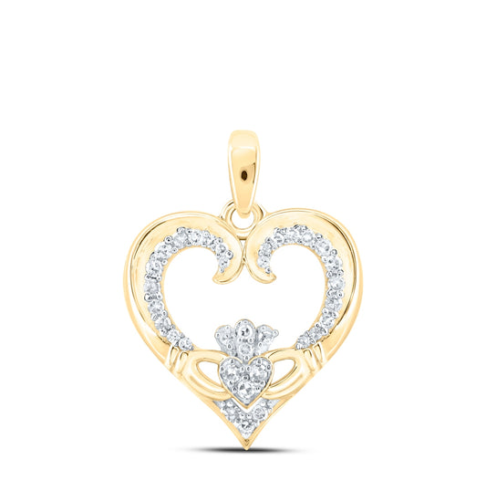 10K Yellow Or White Or Rose Gold Womens Round Diamond Claddagh Heart Pendant