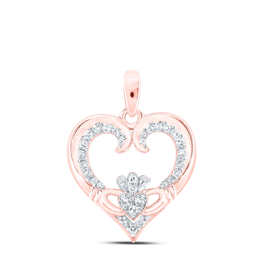 10K Yellow Or White Or Rose Gold Womens Round Diamond Claddagh Heart Pendant