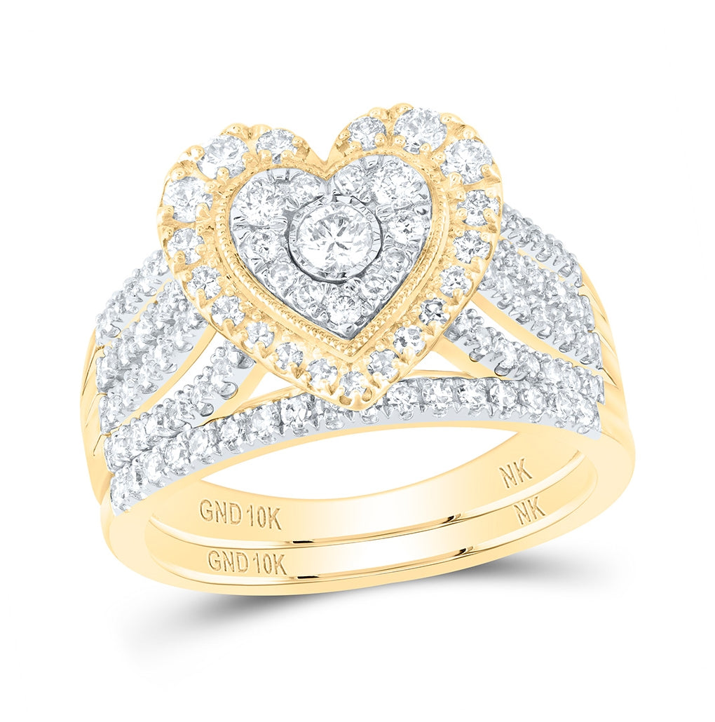10K Yellow Or White Or Rose Gold Round Diamond Heart Bridal Wedding Ring Band Set , Womens Size: 5-10