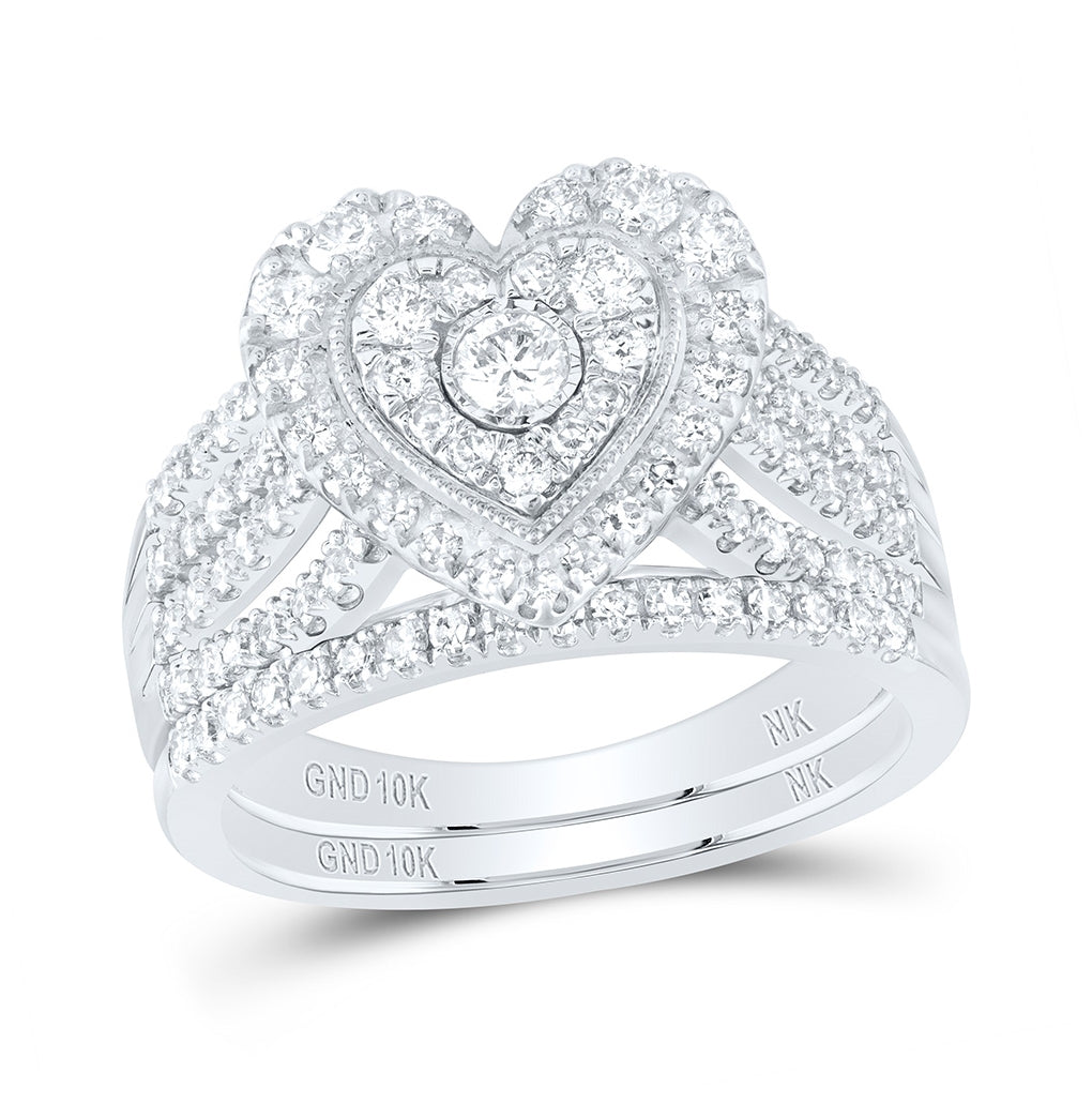 10K Yellow Or White Or Rose Gold Round Diamond Heart Bridal Wedding Ring Band Set , Womens Size: 5-10