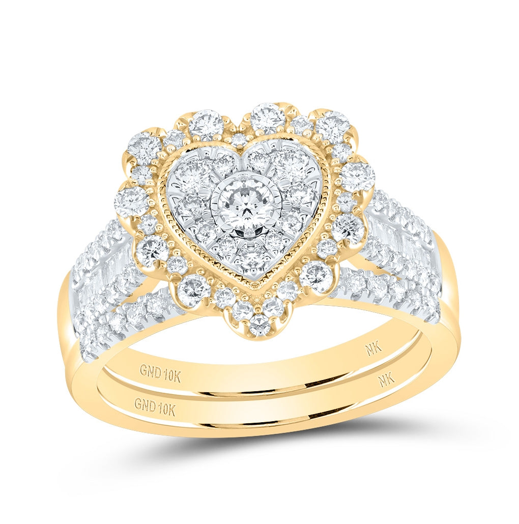 10K Yellow Or White Or Rose Gold Round Diamond Heart Bridal Wedding Ring Band Set , Womens Size: 5-10