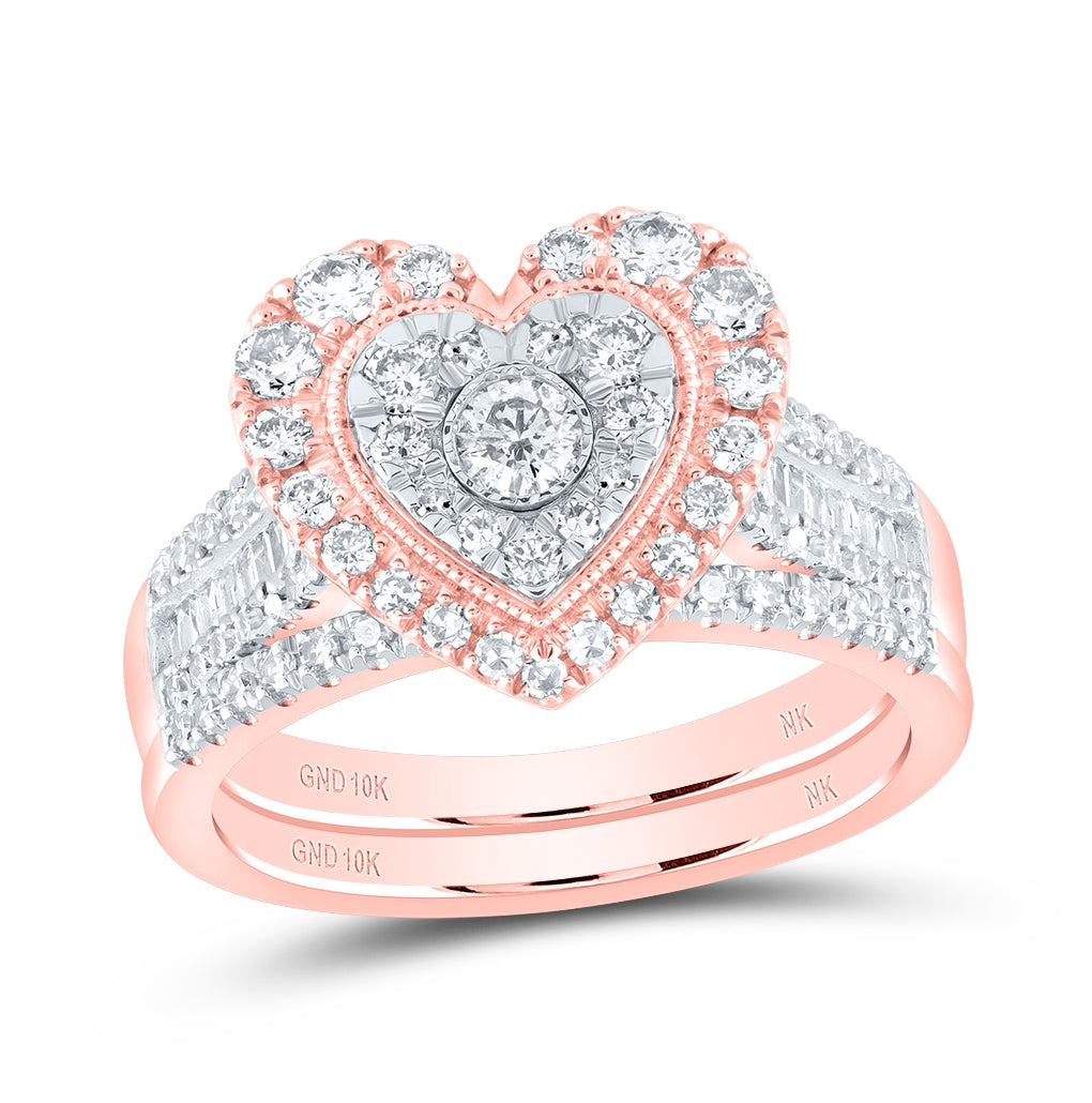 10K Yellow Or White Or Rose Gold Round Diamond Heart Bridal Wedding Ring Band Set , Womens Size: 5-10