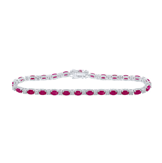 14K White Gold Womens Oval Ruby Diamond Fashion Bracelet 7 Cttw