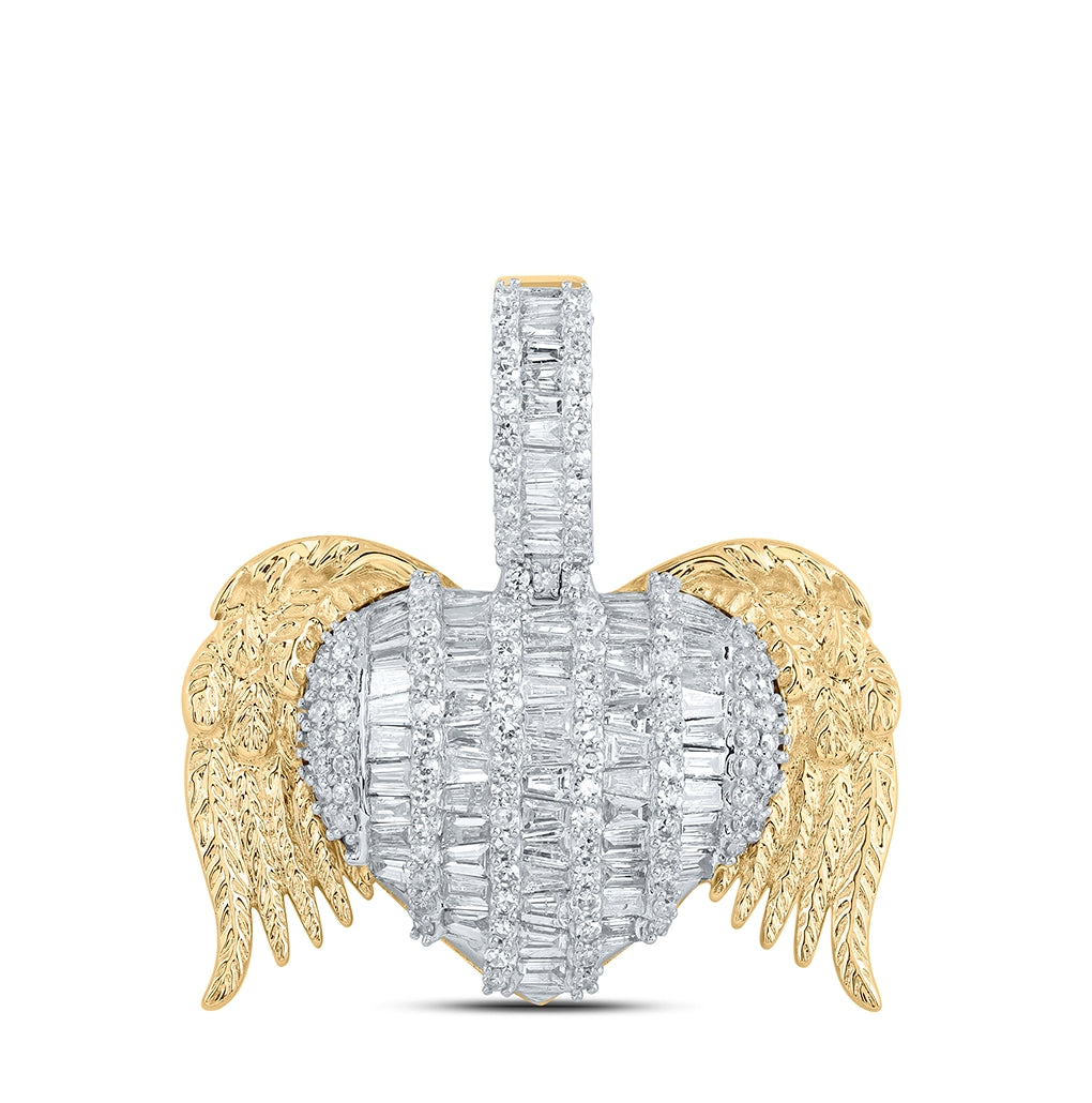 10K Yellow Gold Womens Round Diamond Wing Heart Pendant 2 Cttw, Length: 1.14 In, Width: 1.2 In
