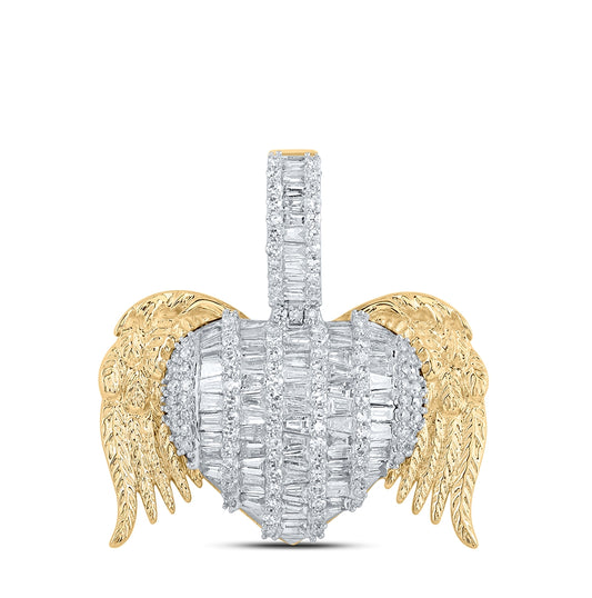 10K Yellow Gold Womens Round Diamond Wing Heart Pendant 2 Cttw, Length: 1.14 In, Width: 1.2 In