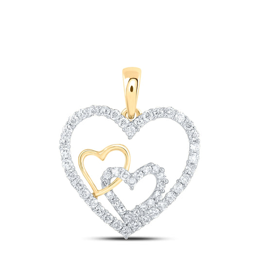 10K Yellow Or White Or Rose Gold Womens Round Diamond Nested Heart Pendant