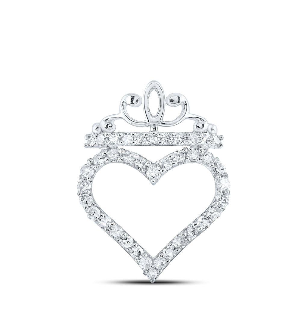 10K Yellow Or White Or Rose Gold Womens Round Diamond Crown Heart Pendant