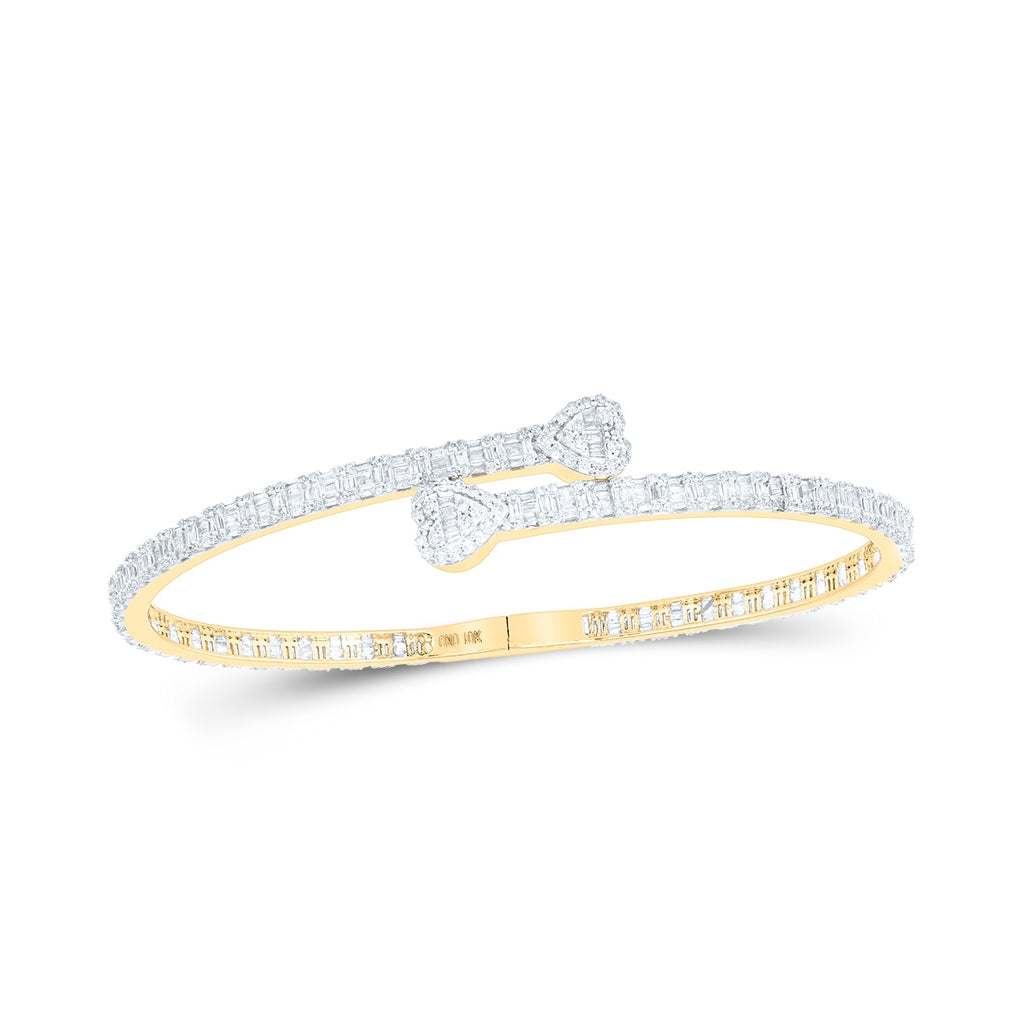 10K Yellow Or White Or Rose Gold Womens Baguette Diamond Heart Cuff Bangle Bracelet