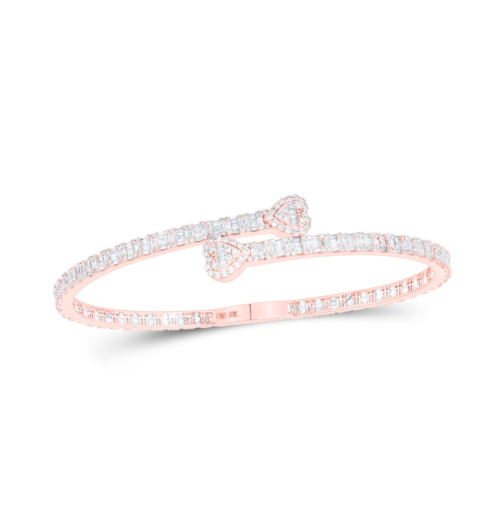 10K Yellow Or White Or Rose Gold Womens Baguette Diamond Heart Cuff Bangle Bracelet