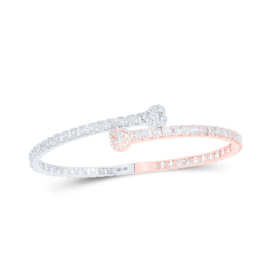 10K Two-tone Gold Womens Baguette Diamond Heart Cuff Bangle Bracelet 2-5/8 Cttw, Width: 0.63 In