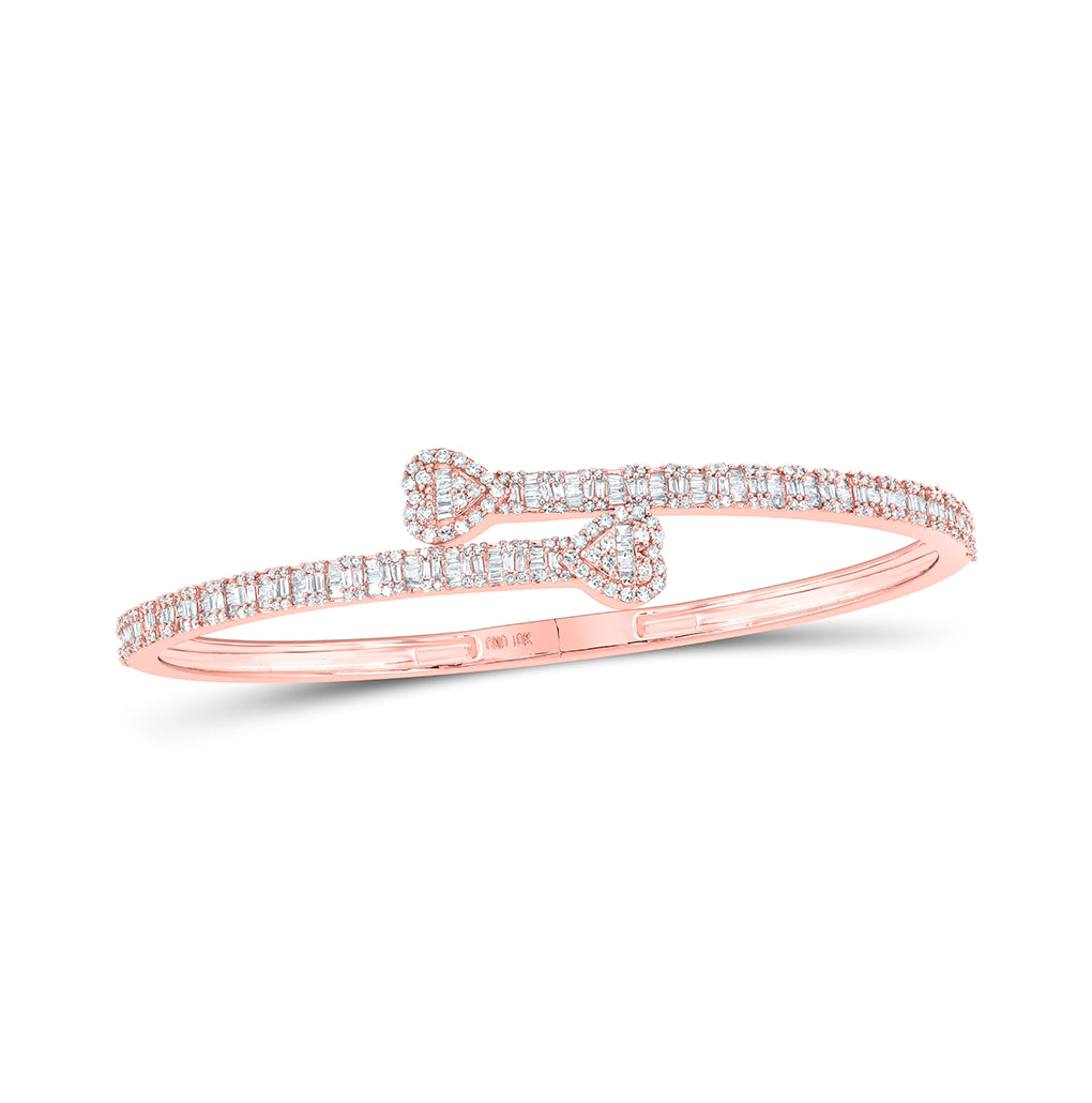 10K Yellow Or Rose Gold Womens Baguette Diamond Heart Cuff Bangle Bracelet