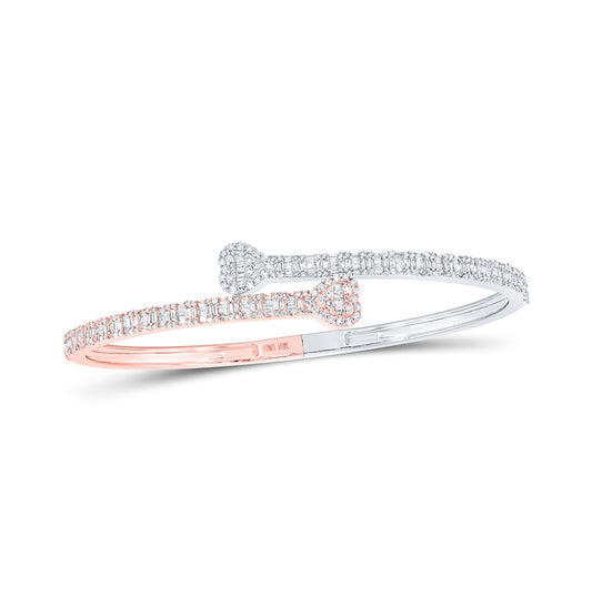 10K Two-tone Gold Womens Baguette Diamond Heart Cuff Bangle Bracelet 1-1/2 Cttw, Width: 0.63 In