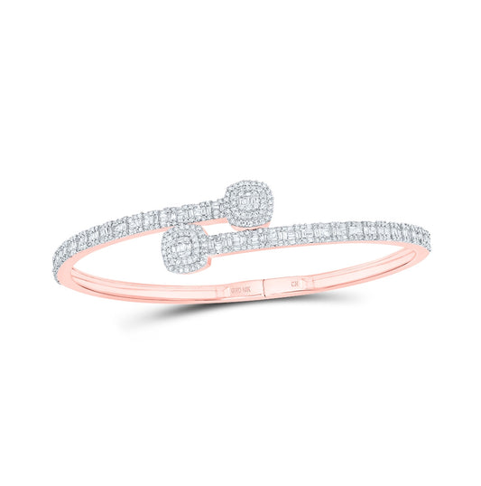 10K Rose Gold Womens Round Diamond Cushion Cuff Bangle Bracelet 1-5/8 Cttw