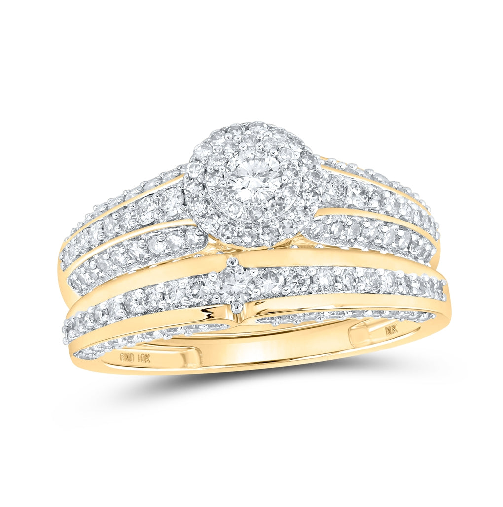 10K Yellow Gold His Hers Round Diamond Halo Matching Wedding Set 1-3/4 Cttw, Womens Size: 5-10, Mens Size: 7-13