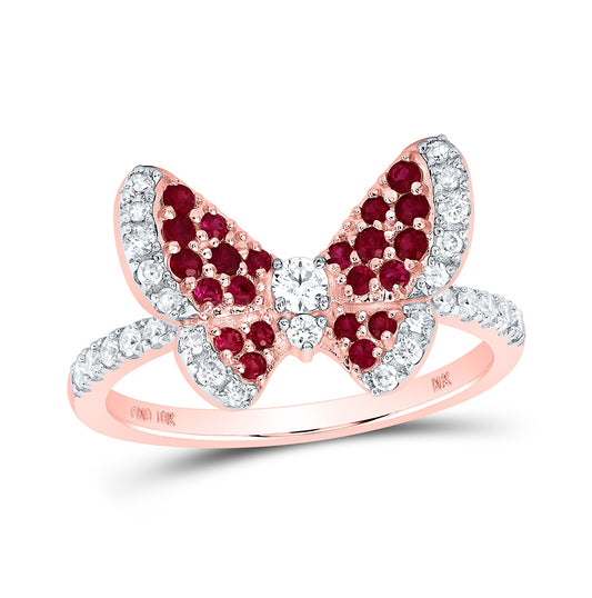10K Rose Gold Womens Round Ruby Diamond Butterfly Ring 5/8 Cttw, Womens Size: 5-10